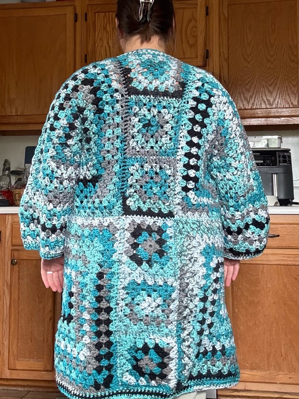Handmade Crochet Aqua & Gray Granny Square Sweater Coat